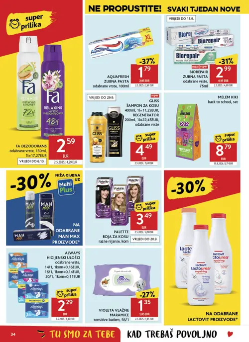 Konzum katalog — stranica 34: GLISS ŠAMPON ZA KOSU, REGENERATOR odabrane vrste, PALETTE BOJA ZA KOSU razne nijanse, FA DEZODORANS odabrane vrste, AQUAFRESH ZUBNA PASTA odabrane vrste (vrijedi 02. 09. 2026.–08. 09. 2026.)