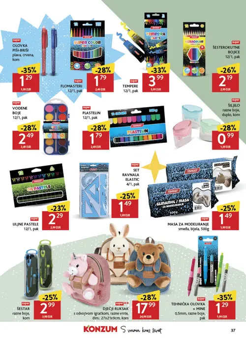 Konzum katalog — stranica 37: olovka piši-briši plava, crvena, kom, ERGO tehnička olovka + mine 0,5mm, razne boje, pak, TEMPERA tempere 12/1, pak, šiljilo razne boje, duplo, kom (vrijedi 02. 09. 2026.–08. 09. 2026.)