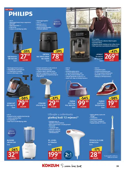 Konzum katalog — stranica 39: PHILIPS PARNA POSTAJA PSG 3001/30, PHILIPS USISAVAČ XB1142/10, PHILIPS PARNO GLAČALO DST2010/40, PHILIPS IPL LUME A SC1994/00 (vrijedi 02. 09. 2026.–08. 09. 2026.)