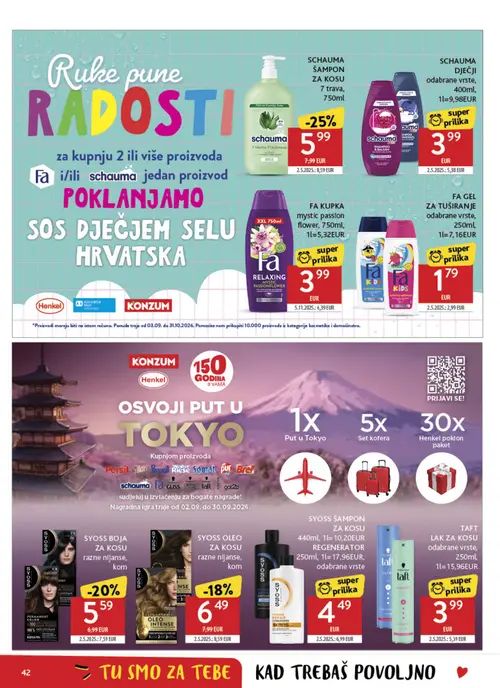 Konzum katalog — stranica 42: Fa gel za tuširanje, Fa kupka Mystic Passionflower, Syoss šampon za kosu, Syoss boja za kosu razne nijanse, kom (vrijedi 02. 09. 2026.–08. 09. 2026.)