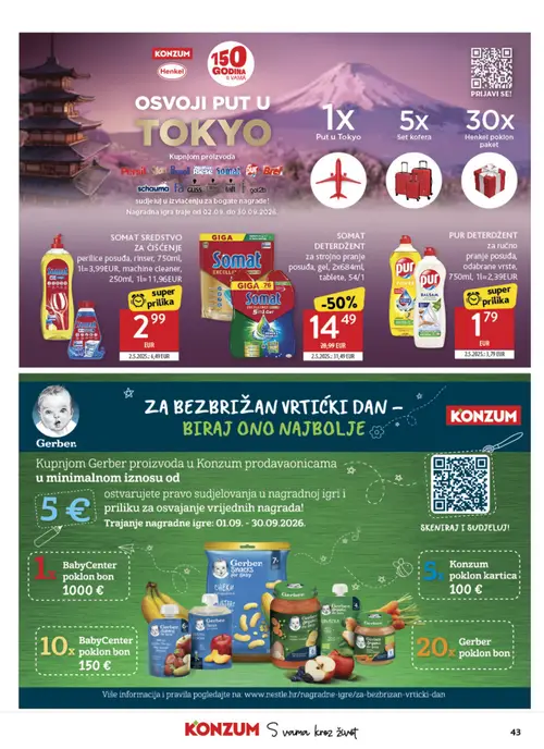 Konzum katalog — stranica 43: Somat deterdžent za strojno pranje posuđa, gel, 2x684ml, Pur deterdžent za ručno pranje posuđa, odabrane vrste, 750ml (vrijedi 02. 09. 2026.–08. 09. 2026.)