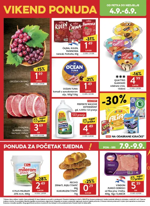 Konzum katalog — stranica 50: SVINJSKA SLABINA I LEĐA bez kosti, rinfuza, Podravka ČAJNA, KULEN, PANNONIA narezak, K PLUS MILERAM, PECIVO ZRNATI, BIJELI ŠTAPIC KUKURUZNI ŠTAPIC (vrijedi 02. 09. 2026.–08. 09. 2026.)