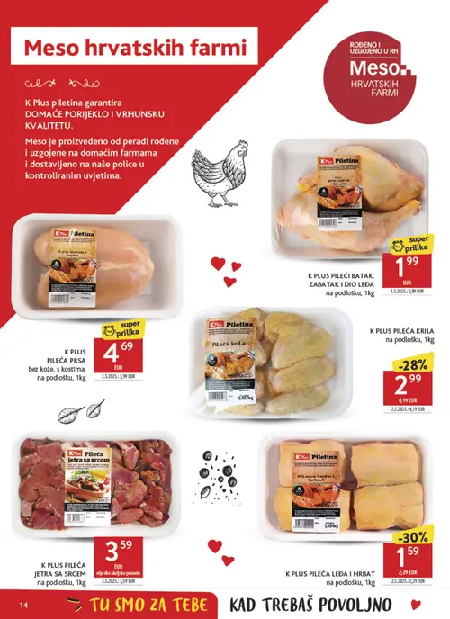 Konzum katalog — stranica 14: K PLUS PILEĆI BATAK, ZABATAK I DIO LEĐA na podlošku, 1kg, K PLUS PILEĆA LEĐA I HRBAT na podlošku, 1kg, K PLUS PILEĆA KRILA na podlošku, 1kg, K PLUS PILEĆA PRSA bez kože, s kostima, na podlošku, 1kg (vrijedi 09. 09. 2026.–15. 09. 2026.)
