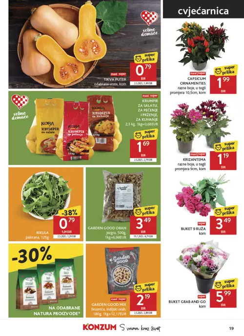 Konzum katalog — stranica 19: TIKVA PUTER, KORA KORUMPIR ZA SALATU, ZA PEČENJE I PRŽENJE, ZA KUHANJE, RIKULA pakirana, GARDEN GOOD ORAH Jezgra (vrijedi 09. 09. 2026.–15. 09. 2026.)