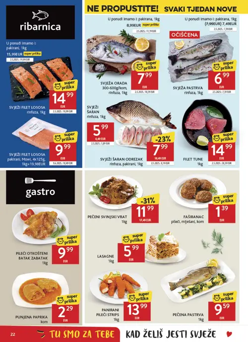 Konzum katalog — stranica 22: PEČENI SVINJSKI VRAT 1kg, FILET TUNE 1kg, SVJEŽA ORADA 300-600g/kom, rinfuza, 1kg (vrijedi 09. 09. 2026.–15. 09. 2026.)