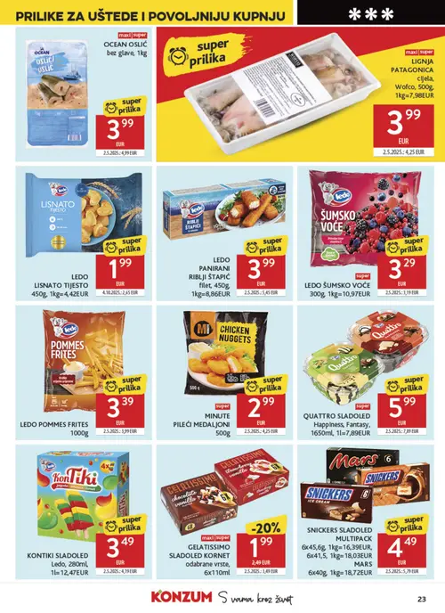 Konzum katalog — stranica 23: maxi super GELATISSIMO SLADOLED KORNET odabrane vrste, MINUTE CHICKEN NUGGETS, LEDO PANIRANI RIBLJI ŠTAPIĆ filet, LEDO LISNATO TIJESTO (vrijedi 09. 09. 2026.–15. 09. 2026.)