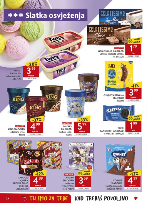 Konzum katalog — stranica 24: KING SLADOLED odabrane vrste, 450ml, MACHO SLADOLED mixbox, Leda, 450ml, GELATISSIMO SLADOLED vanilija, čokolada, 700ml, 1L=2,56EUR, OREO SANDWICH SLADOLED 110ml, 1L=18,09EUR (vrijedi 09. 09. 2026.–15. 09. 2026.)