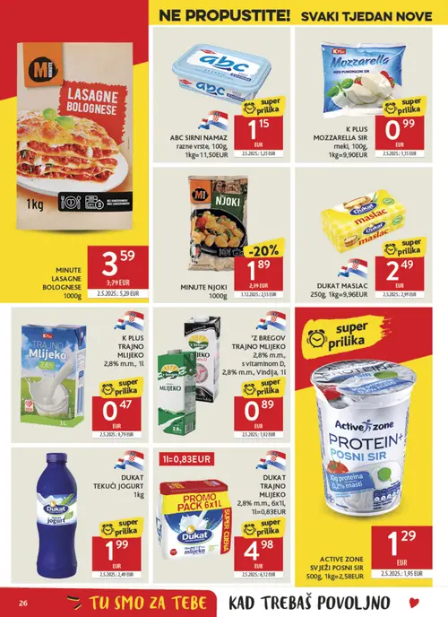 Konzum katalog — stranica 26: K PLUS TRAJNO MLIJEKO 2,8% m.m., ACTIVE ZONE SVJEŽI POSNI SIR, MINUTE NJOKI, DUKAT TEKUĆI JOGURT (vrijedi 09. 09. 2026.–15. 09. 2026.)