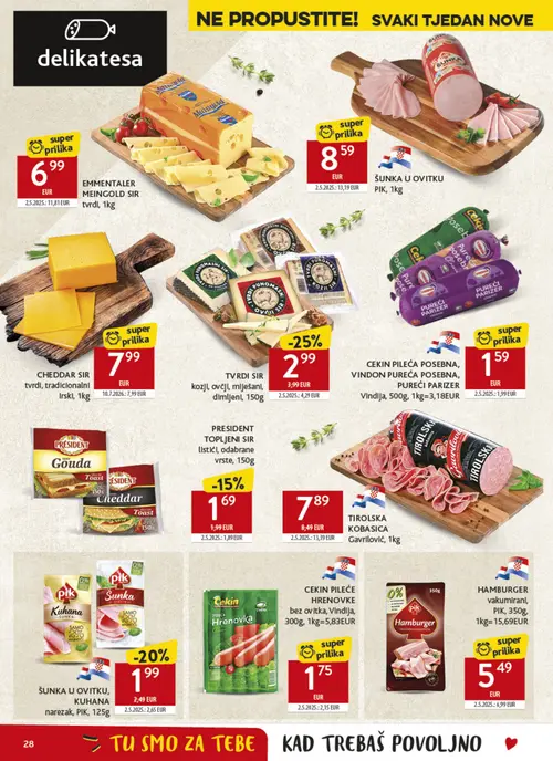 Konzum katalog — stranica 28: TVRDI SIR kozji, ovčji, miješani, dimljeni, Pik HAMBURGER vakumirani, PIK, Pik ŠUNKA U OVITKU, KUHANA narezak, PIK (vrijedi 09. 09. 2026.–15. 09. 2026.)