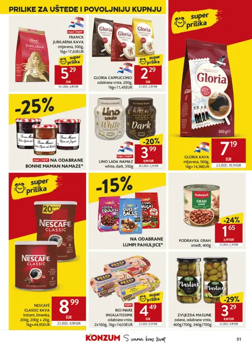 Konzum katalog — stranica 31: RIO MARE INSALATISSIME odabrane vrste, ZVIJEZDA MASLINE zelene, odabrane vrste, GLORIA KAVA mljevena, PODRAVKA GRAH smeđi (vrijedi 09. 09. 2026.–15. 09. 2026.)