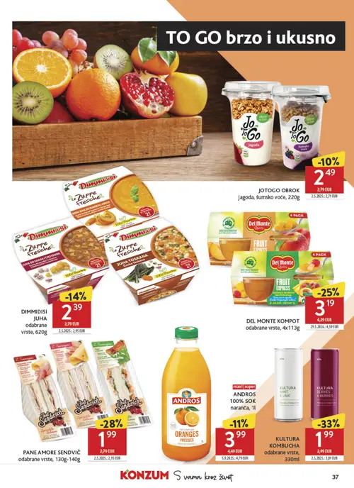 Konzum katalog — stranica 37: KULTURA KOMBUCHA odabrane vrste, PANE AMORE SENDVIČ odabrane vrste, DEL MONTE KOMPOT odabrane vrste (vrijedi 09. 09. 2026.–15. 09. 2026.)