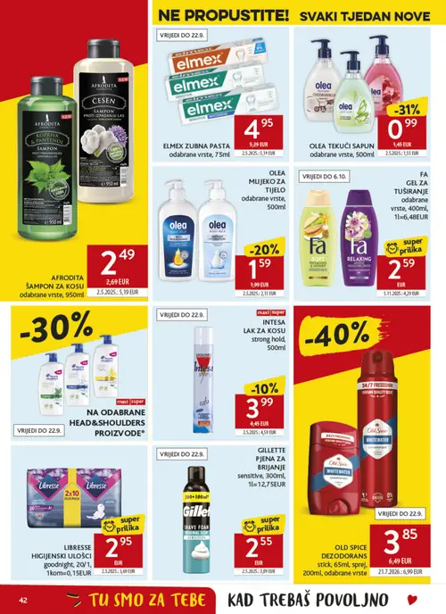 Konzum katalog — stranica 42: OLD SPICE DEZODORANS stick, 65ml, sprej, 200ml, odabrane vrste, FA GEL ZA TUŠIRANJE odabrane vrste, 400ml, 1l=6,48EUR, OLEA TEKUĆI SAPUN odabrane vrste, 500ml, OLEA MLIJEKO ZA TIJELO odabrane vrste, 500ml (vrijedi 09. 09. 2026.–15. 09. 2026.)