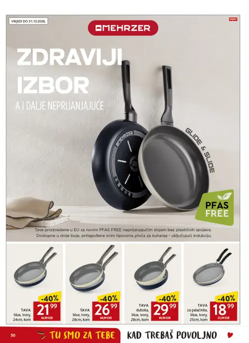 Konzum katalog — stranica 50: MEHRZER TAVA za palačinke, blue, ivory, 25cm, kom, MEHRZER TAVA blue, ivory, 24cm, kom, MEHRZER TAVA blue, ivory, 28cm, kom, MEHRZER TAVA duboka, blue, ivory, 28cm, kom (vrijedi 09. 09. 2026.–15. 09. 2026.)