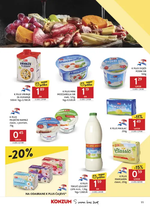 Konzum katalog — stranica 11: K PLUS TEKUĆI JOGURT 2,8% m.m., K PLUS MARGARIN classic, K PLUS VRHNJE ZA KUHANJE 500ml, K PLUS MINI MOZZARELLA SIR meki (vrijedi 16. 09. 2026.–22. 09. 2026.)