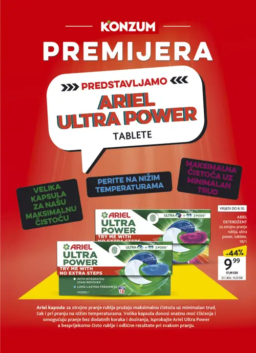 Konzum katalog — stranica 15: Ariel Deterdžń za strojno pranje rublja, ultra power, tablete (vrijedi 16. 09. 2026.–22. 09. 2026.)