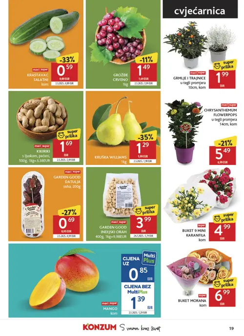 Konzum katalog — stranica 19: MANGO kom, KRUŠKA WILLIAMS 1kg, KRASTAVAC SALATNI kom, GARDEN GOOD INDIJSKI ORAH 400g, 1kg=9,98EUR (vrijedi 16. 09. 2026.–22. 09. 2026.)