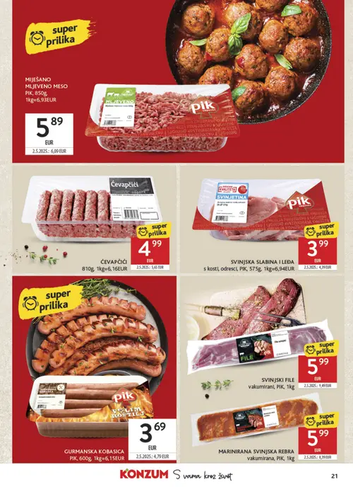 Konzum katalog — stranica 21: pik SVINJSKI FILE vakumirani, PIK, 1kg, pik MARINIRANA SVINJSKA REBRA vakumirana, PIK, 1kg, pik GURMANSKA KOBASICA PIK, 600g (vrijedi 16. 09. 2026.–22. 09. 2026.)