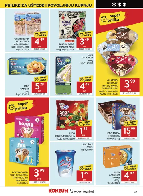 Konzum katalog — stranica 25: LEDO ŠLAG, BOX SLADOLED happy time, fun time, QUATTRO SLADOLED mini joy, classic, chocomaniac, LEDO CARSKA MJEŠAVINA (vrijedi 16. 09. 2026.–22. 09. 2026.)