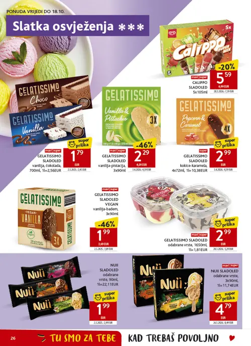 Konzum katalog — stranica 26: GELATISSIMO SLADOLED vanilija-pistacija, 3x90ml, GELATISSIMO SLADOLED VEGAN vanilija-badem, 3x90ml, NUII SLADOLED odabrane vrste, 3x90ml, GELATISSIMO SLADOLED odabrane vrste, 1650ml (vrijedi 16. 09. 2026.–22. 09. 2026.)