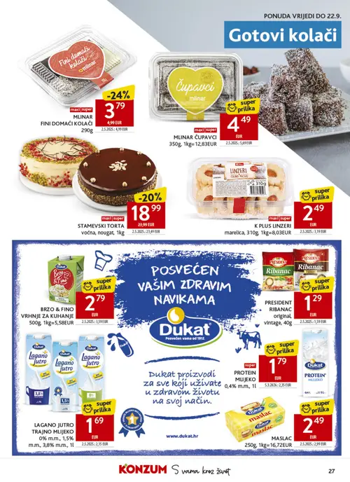 Konzum katalog — stranica 27: MLINAR FINI DOMAĆI KOLAČI, Dukat PROTEIN MLIJEKO, Dukat BRZO & FINO VRHNNJE ZA KUHANJE (vrijedi 16. 09. 2026.–22. 09. 2026.)