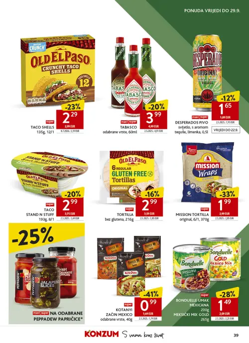 Konzum katalog — stranica 39: KOTANYI ZAČIN MEXICO odabrane vrste, BONDUELLE UMAK MEXICANA MEKSIČKI MIX GOLD, MISSION TORTILLA original, OLD EL PASO CRUNCHY TACO SHELLS (vrijedi 16. 09. 2026.–22. 09. 2026.)