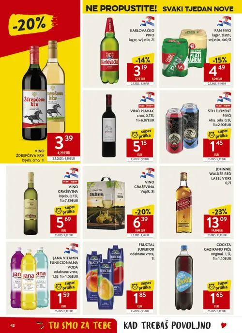 Konzum katalog — stranica 42: JOHNNIE WALKER RED LABEL VISKI 0,7l, 5TH ELEMENT PIVO Aba, Lela, 0,5l, 1l=2,90EUR, VINO GRAŠEVINA bijelo, 0,75l, 1l=7,59EUR, VINO PLAVAC crno, 0,75l, 1l=6,87EUR (vrijedi 16. 09. 2026.–22. 09. 2026.)