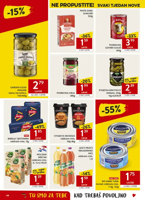 Konzum katalog — stranica 44: RIO MARE TUNA komadi, odabrane vrste, BARILLA TJESTENINA odabrane vrste, PASTA ZARA LASAGNE, PODRAVKA GOVEĐI GULAŠ (vrijedi 16. 09. 2026.–22. 09. 2026.)