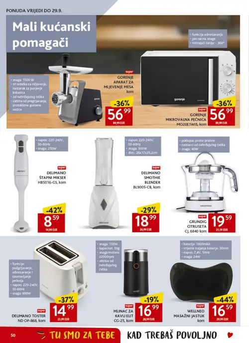 Konzum katalog — stranica 50: WELLNEO MASAŽNI JASTUK, DELIMANO ŠTAPNI MIKSER HB5016-GS, DELIMANO TOSTER ND OP-868, GORENJE MIKROVALNA PEĆNICA MO20E1WIS (vrijedi 16. 09. 2026.–22. 09. 2026.)