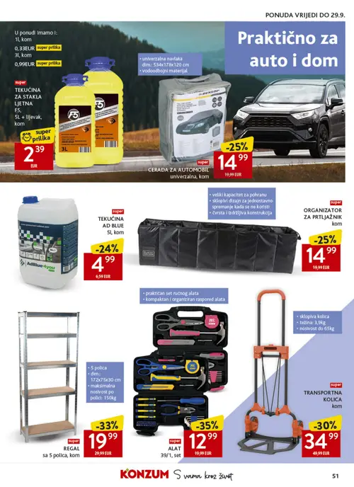 Konzum katalog — stranica 51: ALAT 39/1, REGAL sa 5 polica, TRANSPORTNA KOLICA, ORGANIZATOR ZA PRTLJAŽNIK (vrijedi 16. 09. 2026.–22. 09. 2026.)