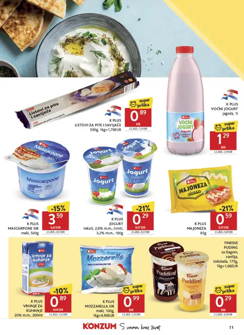 Konzum katalog — stranica 11: K PLUS Voćni jogurt Jagoda, K PLUS Listovi za pite i savijače, FINESSE Puding sa šlagom, vanilija, čokolada, K PLUS Vrhnje za kuhanje 20% m.m. (vrijedi 23. 09. 2026.–29. 09. 2026.)