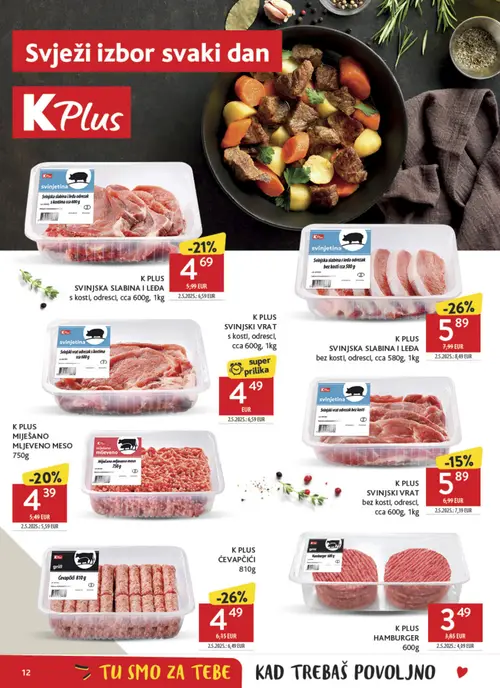 Konzum katalog — stranica 12: K PLUS ĆEVAPČIĆI, K PLUS SVINJSKA SLABINA I LEĐA bez kosti, odresc (vrijedi 23. 09. 2026.–29. 09. 2026.)
