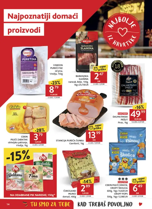 Konzum katalog — stranica 14: CEKIN PILEĆI ZABATAK obiteljsko pakiranje, BELJE BARANJSKA SLANINA narezak, VINDON PUREĆI FILE (vrijedi 23. 09. 2026.–29. 09. 2026.)