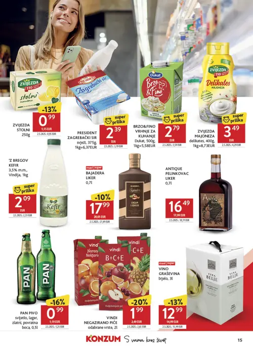 Konzum katalog — stranica 15: PRESIDENT ZAGREBAČKI SIR svježi, Dukat BRZO&FINO VRHNJE ZA KUHANJE Dukat (vrijedi 23. 09. 2026.–29. 09. 2026.)