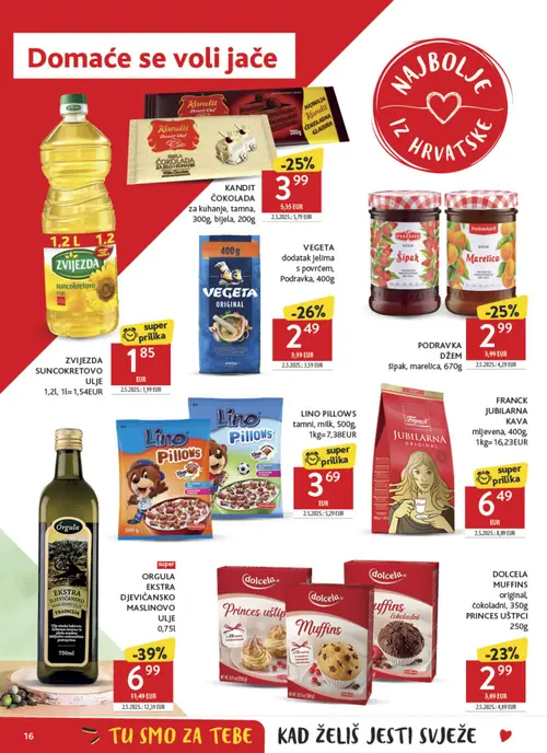 Konzum katalog — stranica 16: ORGULA EKSTRA DJEVIČANSKO MASLINOVO ULJE, KANDIT ČOKOLADA za kuhanje, tamna, 300g, bijela, 200g, Podravka VEGETA dodatak jelima s povrćem, PODRAVKA DŽEM šipak, marelica (vrijedi 23. 09. 2026.–29. 09. 2026.)