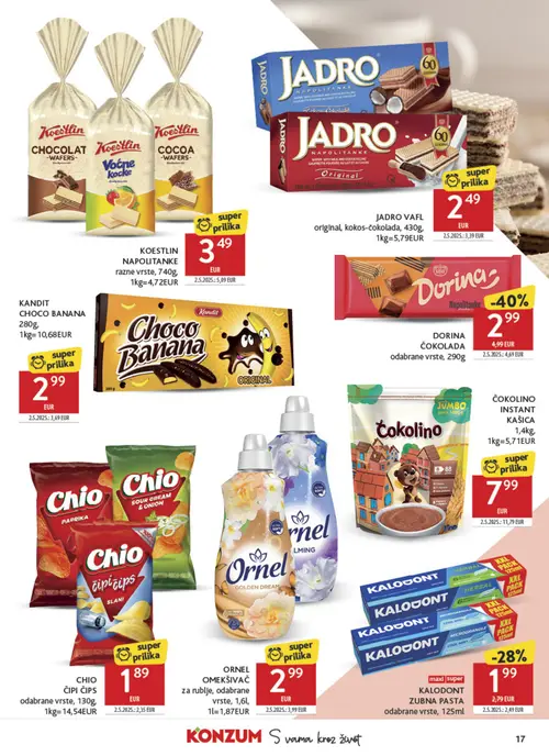 Konzum katalog — stranica 17: DORINA ČOKOLADA, ČOKOLINO INSTANT KAŠICA, KOESTLIN NAPOLITANKE, KALODONT ZUBNA PASTA (vrijedi 23. 09. 2026.–29. 09. 2026.)