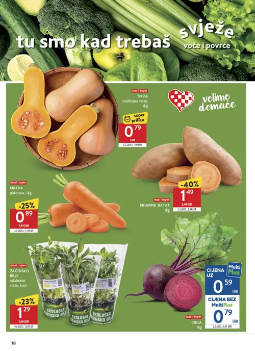 Konzum katalog — stranica 18: TIKVA odabrane vrste, KRUMPIR BATAT, CIKLA, MRKVA pakirana (vrijedi 23. 09. 2026.–29. 09. 2026.)