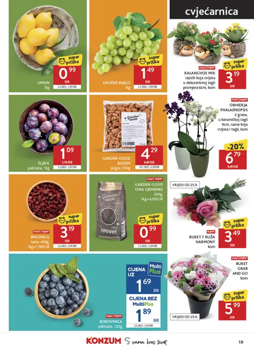 Konzum katalog — stranica 19: GROŽĐE BIJELO, ŠLJIVA pakirana, LIMUN, GARDEN GOOD CHIA SJEMENKE (vrijedi 23. 09. 2026.–29. 09. 2026.)