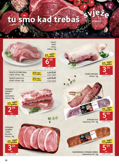 Konzum katalog — stranica 20: SVJEŽI ODOJAK rinfuza, SVINJSKO CARSKO MESO neobrađeno, rinfuza, SVINJSKA SLABINA I LEĐA bez kosti, rinfuza, SVINJSKI FILE vakumirani, PIK (vrijedi 23. 09. 2026.–29. 09. 2026.)