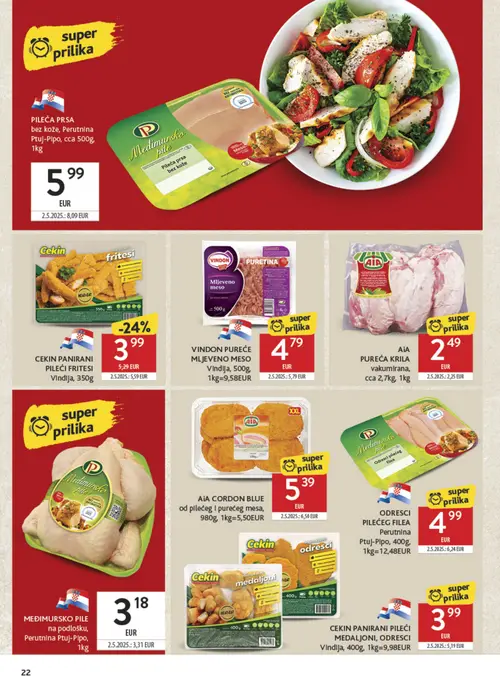 Konzum katalog — stranica 22: Vindija CEKIN PANIRANI PILEĆI FRITESI, Perutnina Ptuj-Pipo PILEĆA PRSA bez kože, Vindija CEKIN PANIRANI PILEĆI MEDALJONI, ODRESCI (vrijedi 23. 09. 2026.–29. 09. 2026.)