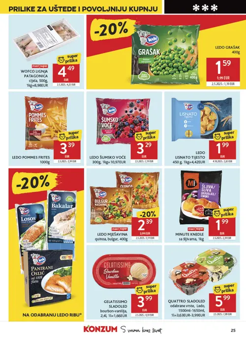 Konzum katalog — stranica 25: LEDO LISNATO TIJESTO, Ledo QUATTRO SLADOLED odabrane vrste (vrijedi 23. 09. 2026.–29. 09. 2026.)
