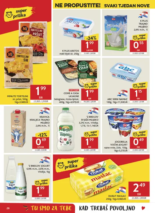 Konzum katalog — stranica 26: K PLUS TRAJNO MLIJEKO 2,8% m.m., 1l, COME A CASA LASAGNE bolognese, ricota-špinat, 400g, K PLUS ARETOS meki bijeli sir, 250g, JOGOBELLA VOĆNI JOGURT razne vrste, Zott, 150g (vrijedi 23. 09. 2026.–29. 09. 2026.)