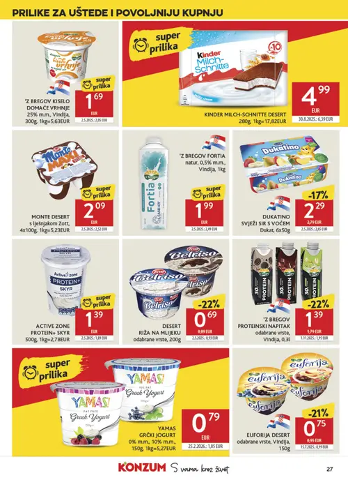 Konzum katalog — stranica 27: 'Z BEGOV PROTEINSKI NAPITAK odabrane vrste, Vindija, 0,31, ACTIVE ZONE PROTEIN+ SKYR 500g, 1kg=2,78EUR, DESERT RIŽA NA MLIJEKU odabrane vrste, 200g, YAMAS GRČKI JOGURT 0% m.m., 10% m.m., 150g, 1kg=5,27EUR (vrijedi 23. 09. 2026.–29. 09. 2026.)