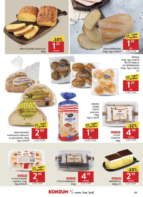 Konzum katalog — stranica 29: KRUH ZLATNA FOCACCIA 480g, GRANO DORO AMERICAN TOAST 750g, KRUH PRIMORSKI 500g, K PLUS ČUPAVCI 480g (vrijedi 23. 09. 2026.–29. 09. 2026.)
