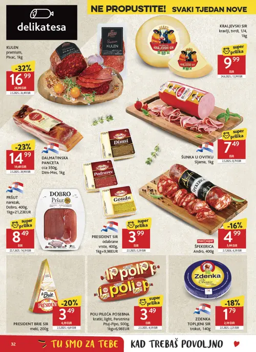 Konzum katalog — stranica 32: Dobro PRŠUT narezak, Pivac KULEN premium, DALMATINSKA PANCETA, PRESIDENT SIR (vrijedi 23. 09. 2026.–29. 09. 2026.)