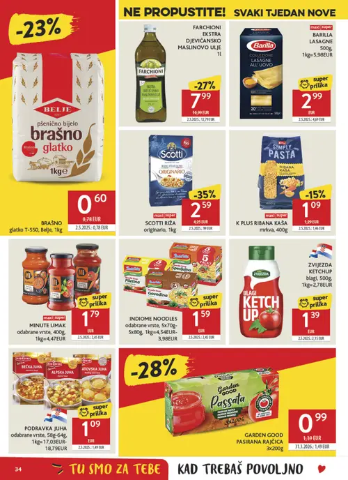 Konzum katalog — stranica 34: SCOTTI RISO ITALIANO ORIGINARIO, FARCHIONI EKSTRA DJEVIČANSKO MASLINOVO ULJE, BARILLA LASAGNE ALL'UOVO, ZVIJEZDA KETCHUP blagi (vrijedi 23. 09. 2026.–29. 09. 2026.)