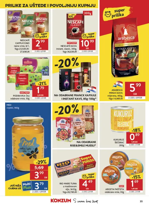 Konzum katalog — stranica 35: MED cvjetni, ARABESCA MLJEVEVA KAVA MINAS OKUSA, NESCAFÉ CAPPUCCINO razne vrste, MED cvjetni (vrijedi 23. 09. 2026.–29. 09. 2026.)