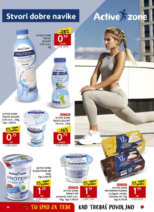 Konzum katalog — stranica 36: ACTIVE ZONE SVJEŽI POSNI SIR 500g, ACTIVE ZONE TEKUĆI JOGURT 0,5% m.m., 180g, ACTIVE ZONE TEKUĆI JOGURT 0,5% m.m., 1kg, ACTIVE ZONE ZRNATI SIR proteinski, 0,8% m.m., 150g (vrijedi 23. 09. 2026.–29. 09. 2026.)