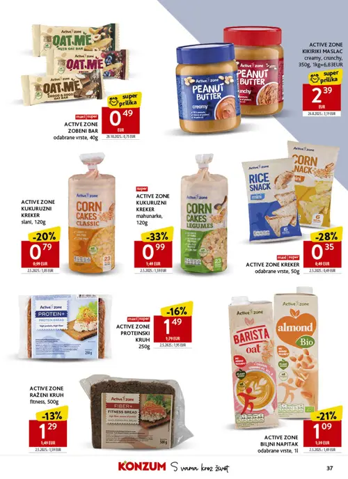 Konzum katalog — stranica 37: ACTIVE ZONE KUKURUZNI KREKER mahunarke, ACTIVE ZONE ZOBENI BAR odabrane vrste, ACTIVE ZONE KREKER odabrane vrste, ACTIVE ZONE BILJNI NAPITAK odabrane vrste (vrijedi 23. 09. 2026.–29. 09. 2026.)
