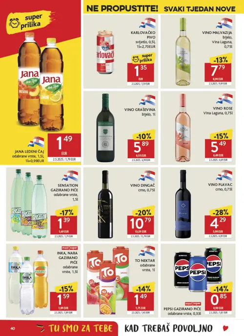 Konzum katalog — stranica 40: VINO PLAVAC crno, 0,75L, SENSATION GAZIRANO PIĆE odabrane vrste, 1,5L (vrijedi 23. 09. 2026.–29. 09. 2026.)