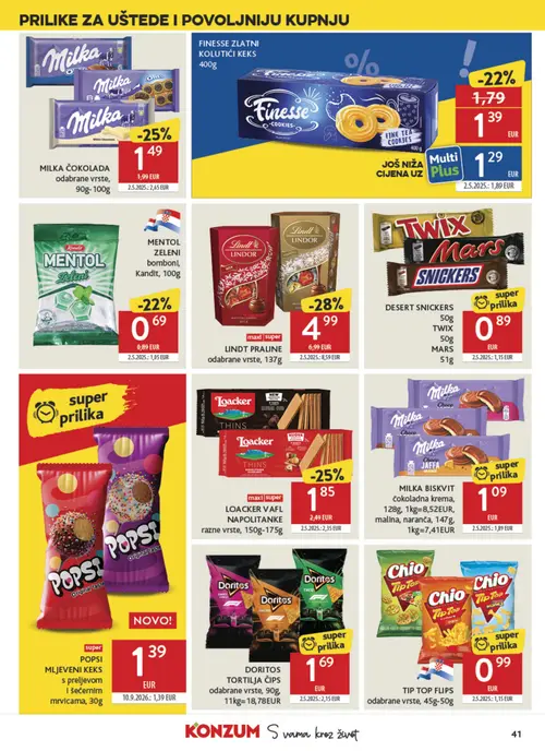 Konzum katalog — stranica 41: MILKA BISKVIT čokoladna krema, FINESSE ZLATNI KOTUČIĆI KEKS, LINDT PRALINE odabrane vrste, LOACKER VAFLL NAPOLITANKE razne vrste (vrijedi 23. 09. 2026.–29. 09. 2026.)